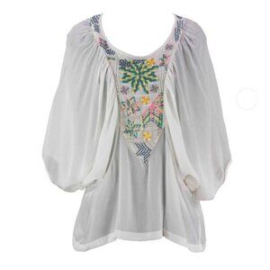 Tanvi Kedia $178 Sz XS Cream Multi Color Beaded Batwing Sleeve Rayon Top